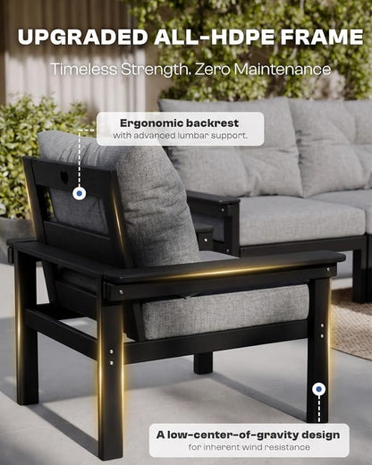 HDPE Outdoor Patio Furniture Set, 7-Piece Patio Conversation Sets with Coffee Table & Side Table & Grey Washable Thick Cushions, Outdoor Sofa for Balcony, Porch(Black Frame)