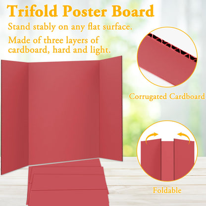 AKONEGE 4PCS Medium Trifold Poster Board 26" x 16" Red Tri Fold Presentation Boards, Corrugated Cardboard Picture/Project Display Boards for Event, Exhibition, Business, School Project, Science Fair