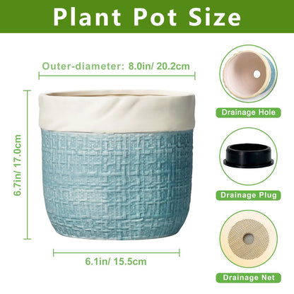 Teagas Ceramic Planter - 8 Inch Plant Pot for Indoor Outdoor Plants, Boho Planters with Drainage Hole and Plug, Round Decorative Flower Pots, Garden Home Office Decor, Plant Lover Gifts, Blue