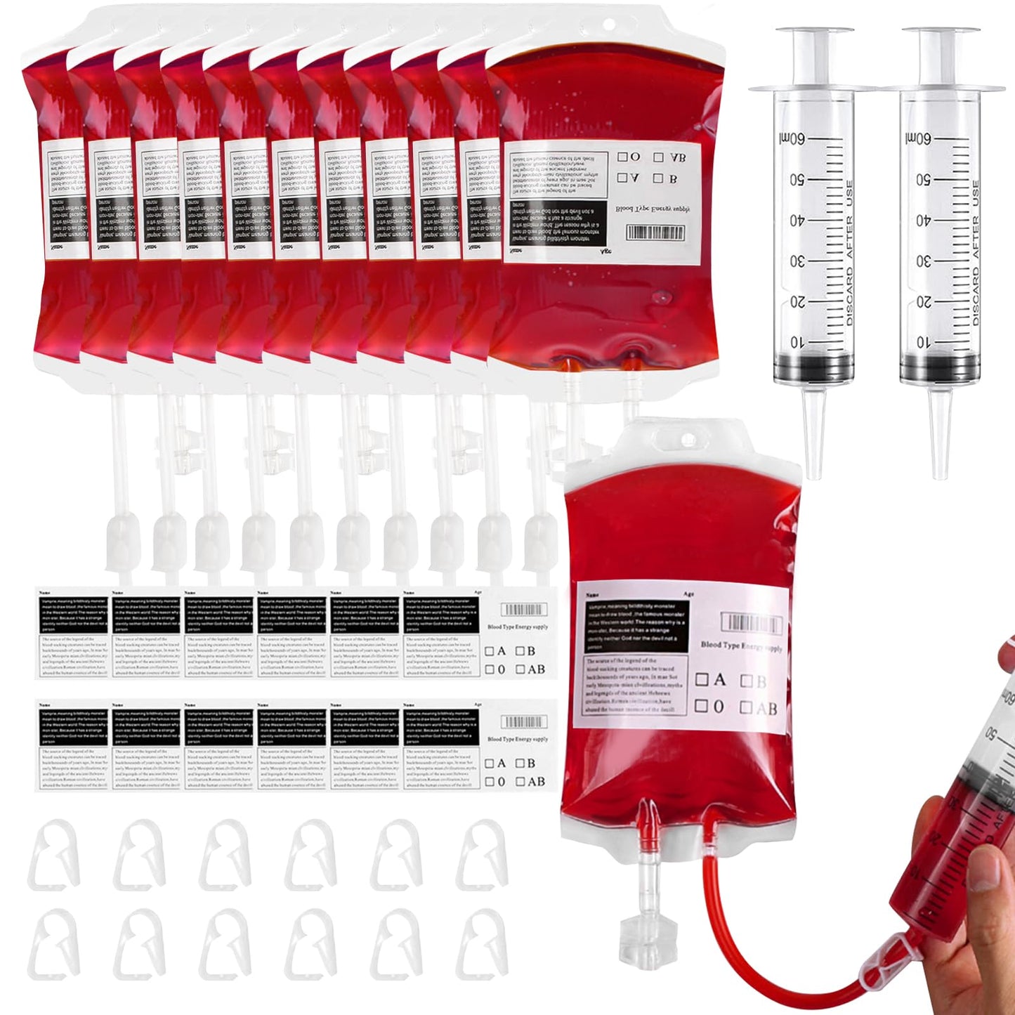 12 Pack Halloween Blood Bag Drink Containers, Reusable IV Blood Bags Pouches for Vampire Cosplay, Nurse, Medical, Horror Party Decorations, Doctor Nursing/RN Graduation, 12 Fl. Oz. Each + 2 Syringes