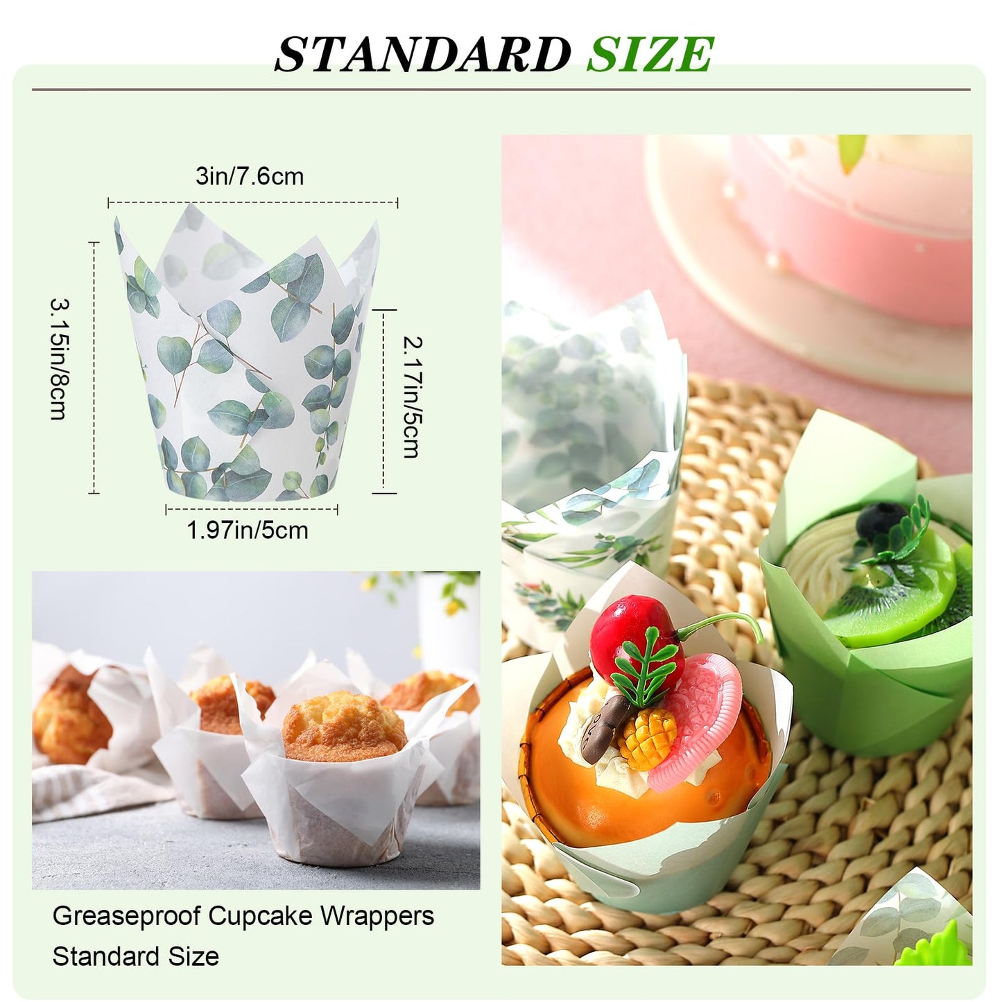 Havawish 500 Counts Green Tulip Cupcake Liners Birthday Party Eucalyptus Muffin Cupcake Baking Liners Grease Proof Cake Liner Holders for Wedding Birthday Party