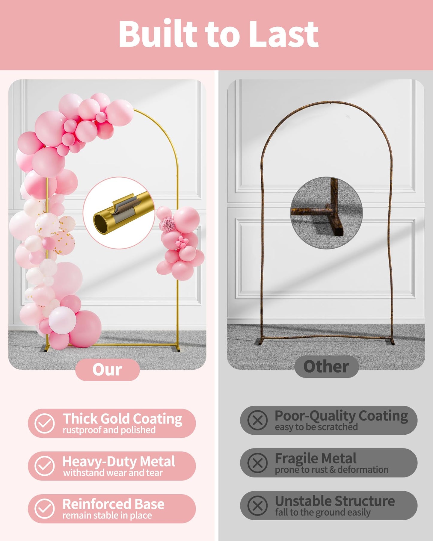 Pureegg Gold Metal Arch Backdrop Stand Set of 3 (7.2ft & 6.0ft & 6.0ft), Wedding Balloon Arch Stand with Stable Base, Backdrop Frame & Cover for Party, Birthday, Graduation, Photo Booth, Easy Assembly