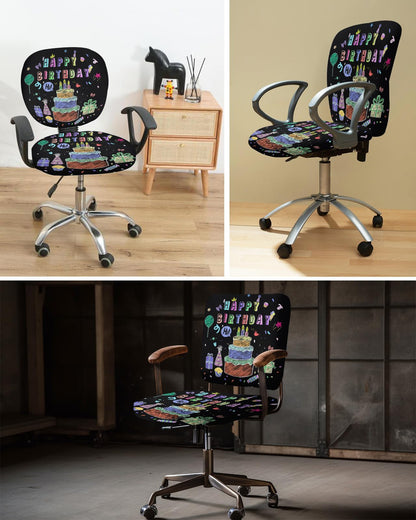 LiDU Happy Birthday Office Chair Cover - Stretch Rotating Computer Chair Seat Back Covers, Birthday Gifts Cake Balloons Black Desk Chair Covers Stretchable Office Chair Slipcovers Protectors
