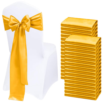 WASIRL Satin Chair Sashes Bows 50 pcs Chair Ribbon Sashes for Wedding Party Reception Events Banquets Hotel Event Chairs Decoration（Gold 7x108 inch）