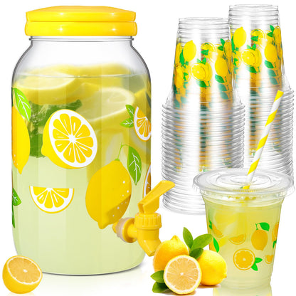 Umigy Lemonade Stand Supplies, 1 Gallon Plastic Drink Dispenser with Spigot, 100 Pcs 16 oz Lemon Disposable Plastic Cups with Lids and Straws, for Party Beverage Juice Ice Tea Beer(Lemon,Yellow)