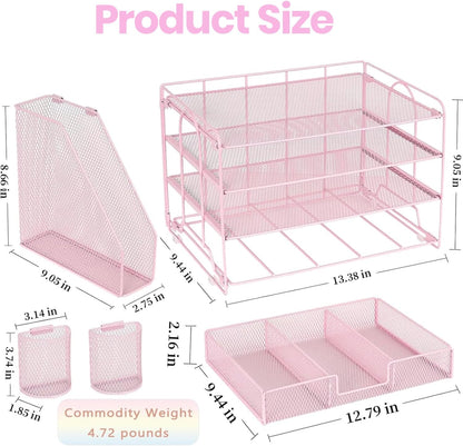 Desk Organizer and Accessories, 4-Tier Desktop File Organizer with Drawer and 2 Pen Holders, Office Desk Accessories for Office Supplies(Pink)