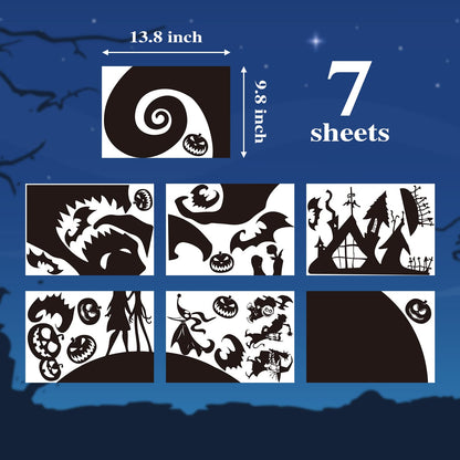Feuid Gniea 7Pcs Jack and Sally Window Clings Sticker Pumpkin Halloween Jack and Sally Christmas Cartoon Skull Electrostatic Stickers for Christmas Party Decoration Window Glass Mirror Decor Decals