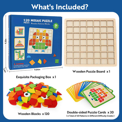 Wooden Stacking Puzzle Toy,120 Pcs Colorful Pattern Blocks Set Geometric Shape Puzzles for Kids Ages 3+, Montessori Preschool Educational STEM Puzzle Toys for Classroom Learning Kindergarten