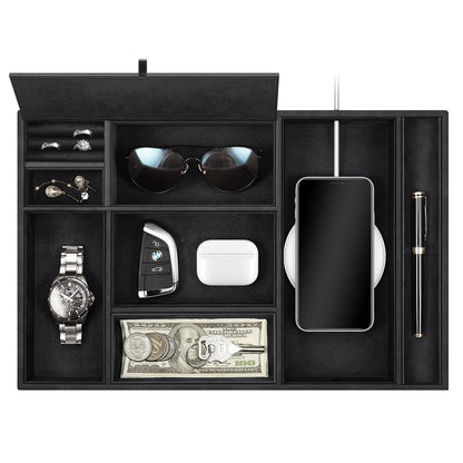 SITHON Valet Tray Desktop Organizer - 8 Compartments Catchall EDC Tray PU Leather Bedside Vanity Nightstand Caddy Coin Box Key Jewelry Storage Organizer, Black