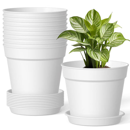 10 Pack 6 Inch Plant Pots with Drainage and Saucers, White Plastic Flower Pots for Indoor and Outdoor Plants, Stackable Nursery Planters for Houseplants and Herbs, White