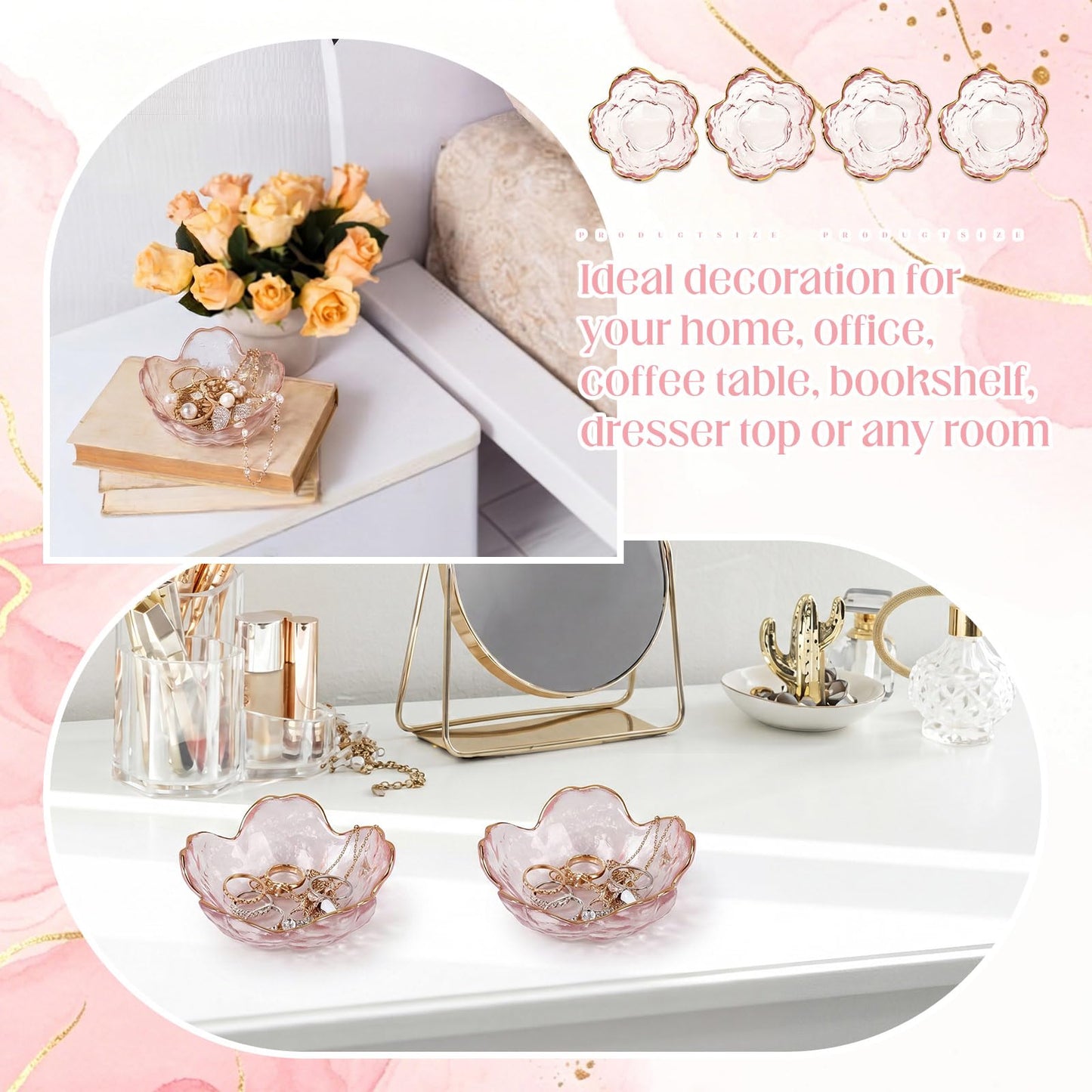 LOYIM 4 Pack Glass Jewelry Dish Small Flower Ring Holder Trinket Tray for Earrings Key Vanity Decor for Women Wedding Gift