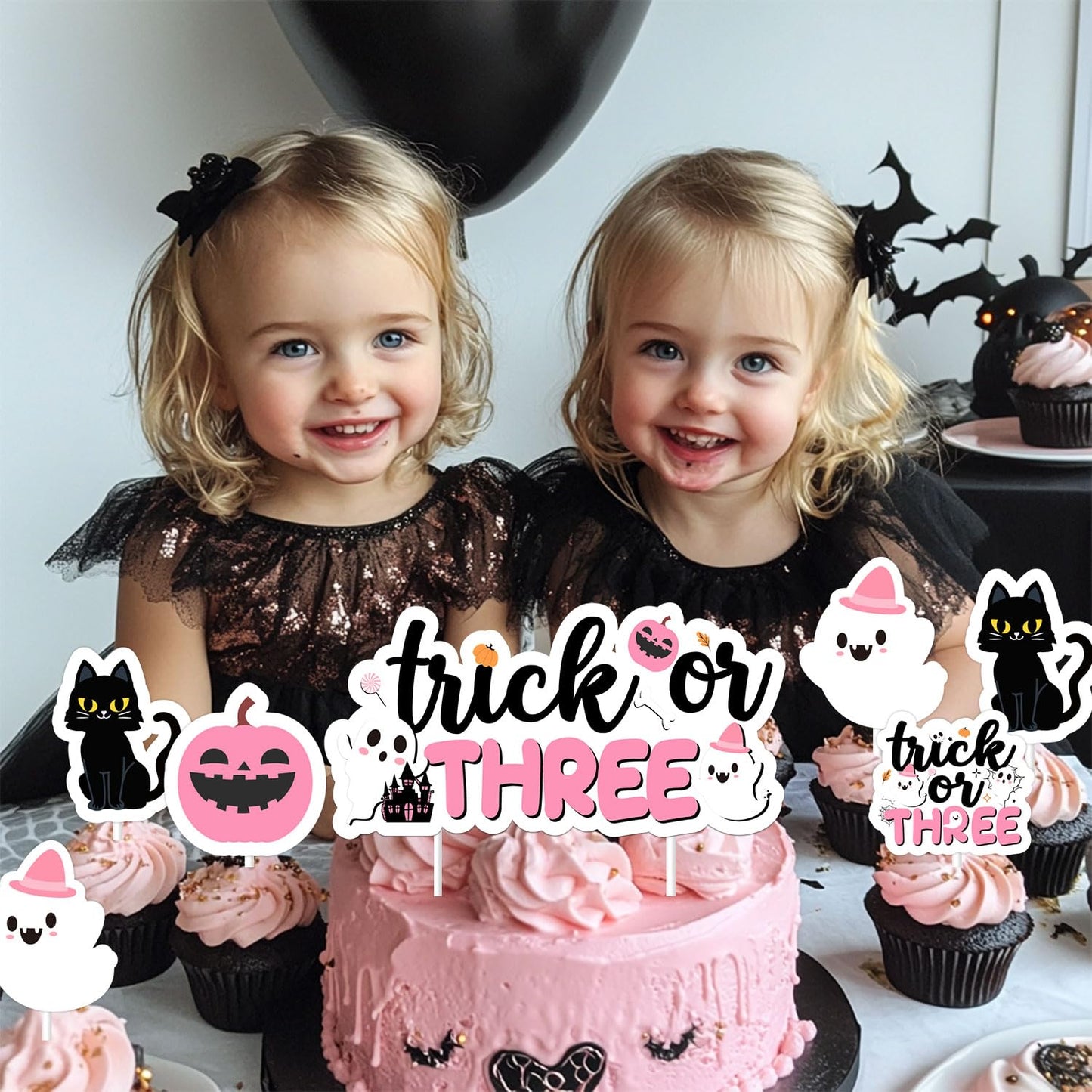 Trick or Three Cake Cupcake Toppers Pink Halloween 3rd Birthday Party Decorations Boo Ghost Pumpkin Bats Cake Decor Double-Sided Printing for Girls Third Booday Party Decor Supplies
