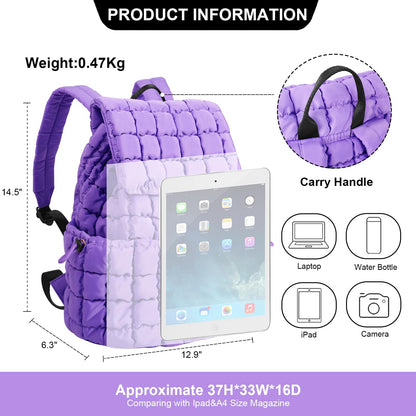 XSUIOY Quilted Backpack Purse for Women Small Lightweight Puffer Puffy College Laptop Backpack Nylon Casual Bookbag Daypack Top Flap Drawstring Padding Hiker Travel Gym Backpack(Purple)