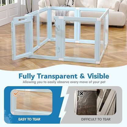 DIY Clear Acrylic Dog Playpen Indoor, Transparent Easy Cleansing Puppy Fence with Suction Cup, Easy-Assemble Indoor Whelping Crate for Small Puppies (23.6" H, 8PCS), Blue
