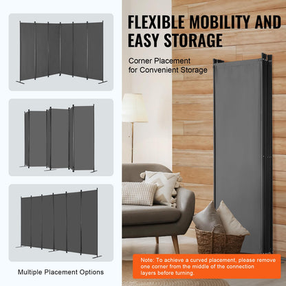 VEVOR Room Divider, 6 Panel Room Divider, Folding Privacy Screen and Portable Partition Divider for Room Separation, Freestanding Room Partitions for Office, Bedroom, Study, Grey