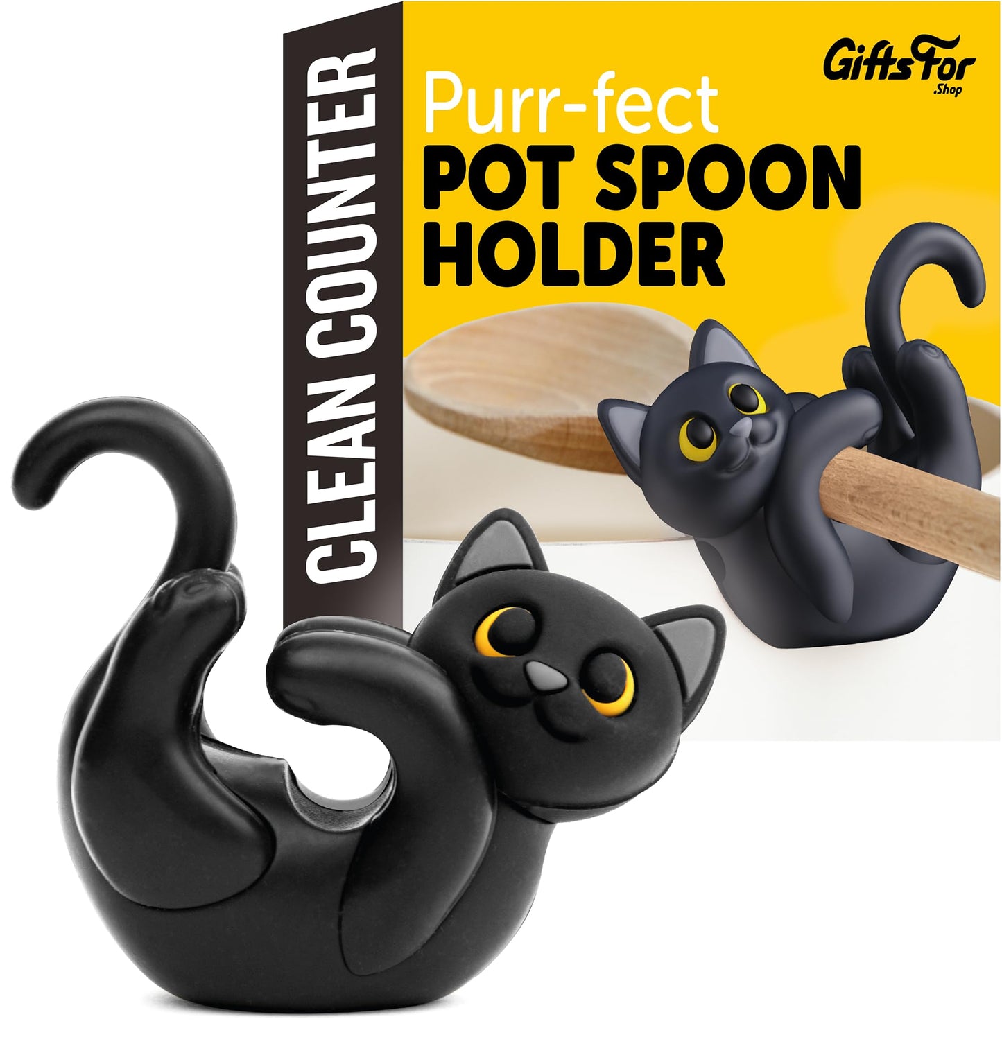 Black Cat Spoon Rest for Stove Top – Silicone Pot Clip Utensil Holder & Lid Lifter – Funny Kitchen Gadget, Unique Witchy Cat Gifts for Women & Halloween – 3" x 2.5"