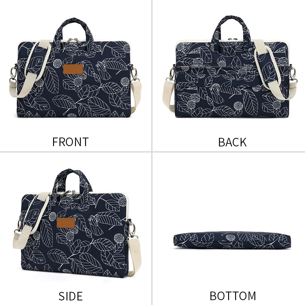 canvaslife Patten Waterproof Laptop Shoulder Messenger Bag Case Sleeve for 14 Inch 15 Inch Laptop Briefcase 15.6 Inch (Blue leaves)