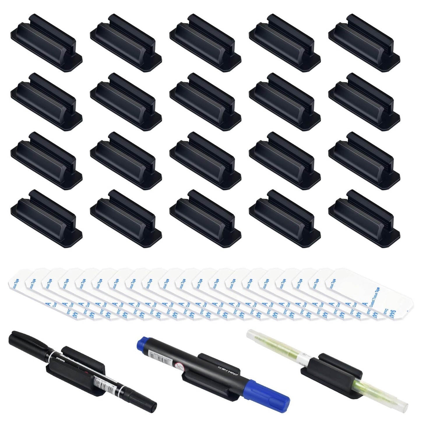 20 Pack Adhesive Silicone Pen Holders, Black Stick-On Pencil & Marker Clips