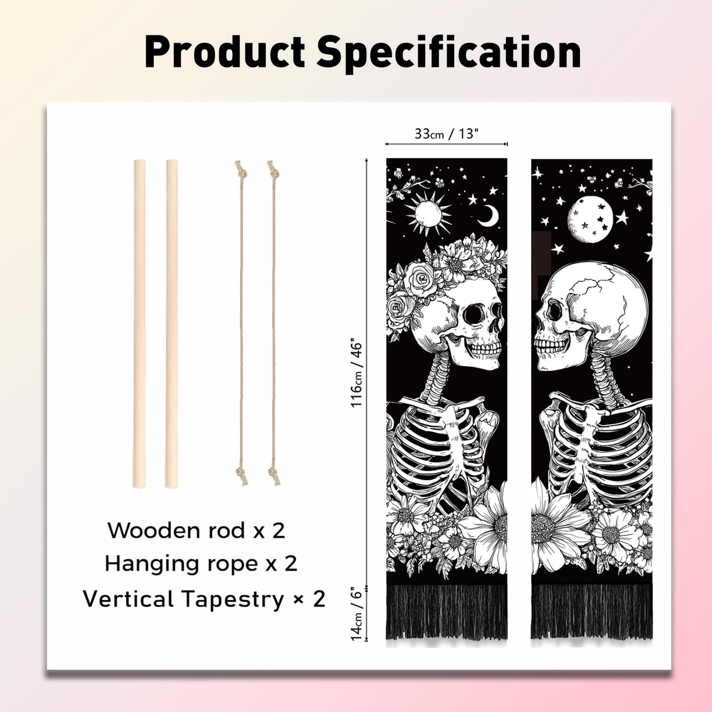PLIGREAT 2 Pack Skull Long Tapestry Aesthetic Black and White Skeleton Wall Hanging with Tassels Sun Moon Tapestry for Bedroom Bathroom Living Room Long Narrow Wall Hanging Home Art Decor