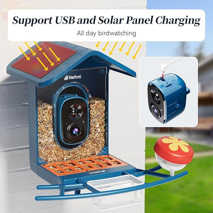 Smart Bird Feeder with Camera Solar Powered, 5GHz/2.4GHz, 2K HD Live View, AI Bird Species Identify, Instant Arrival Alerts, Weatherproof Outdoor Bird Feeder Camera, Best for Bird Lovers