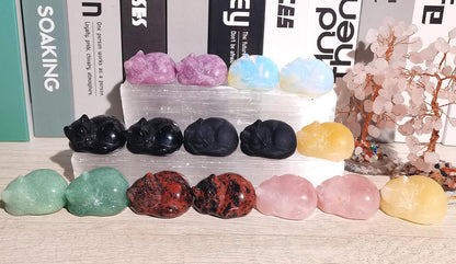 QINJIEJIE Rose Quartz Cat Decor Pink Gift Crystals Sleeping Cat Statue Stone Figurine Polished Gemstones Decors Office Room Home Desk Healing Valentines Decors for Women Cats Decor