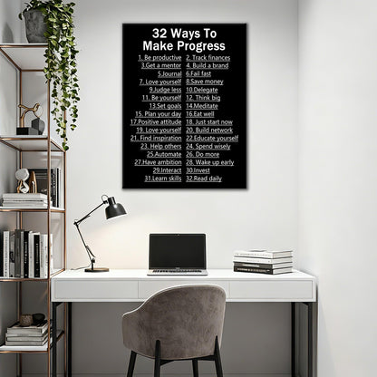 DINGFUN Inspirational Posters for Office 32 Ways to Make Progress Canvas Wall Art, Black White List Quote Single Panel Wall Decor for Home Office Dorm Classroom 24x18 Inch