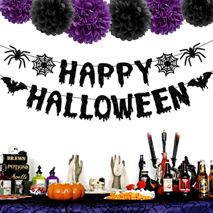 Purple Black Happy-Halloween Party Decorations - 13PCS Spider Web Bats Streamers Banner ,Paper Flowers Lanterns Tissue Pom Poms Fans, Classroom Birthday Bachelorette Hanging Supplies Decor Hugfond
