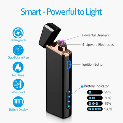 Lighter, Electric Arc Lighter USB Rechargeable Windproof Flameless Lighter Plasma Lighter with Battery Indicator (Upgraded) for Fire, Cigarette, Candle - Outdoors Indoors