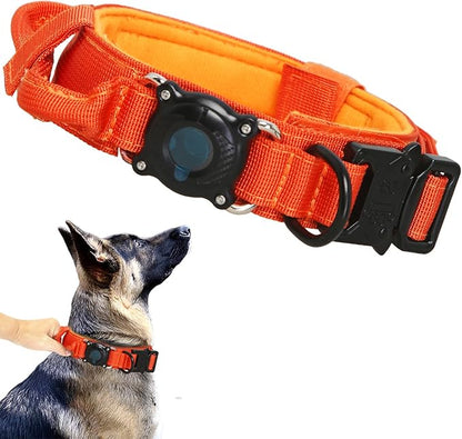 Upgraded AirTag Dog Collar,Waterproof Tactical Dog Collar with AirTag Holder, Control Handle and Metal Buckle,Heavy Duty Dog Collars for Large Dogs(Orange，M