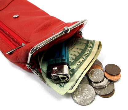 Deluxe Genuine Leather Cigarette and Lighter Case with Zipper Pocket Twist Clasp Kiss Lock Closure Fit 100's -Red