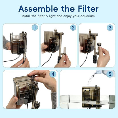 2.1 Gallon Nano Aquarium Kit with Lid, Space Saving Hang-On Filter and LED Light, Ultra-Clear Rimless Glass Desktop Fish Tank for Small Fish, Shrimp, and Betta