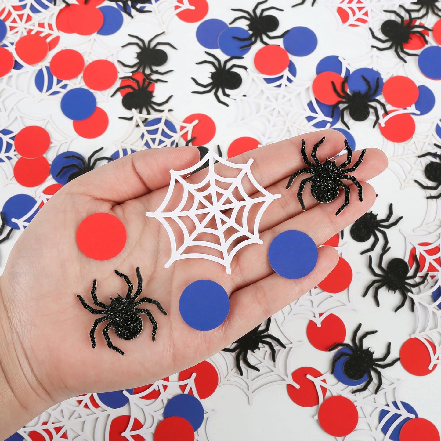 200 Pcs Spider Web Table Confetti Red Blue Round Paper Scatter Hero Themed Table Decorations for Birthday Party Halloween Spooky Baby Shower DIY Crafting Supplies
