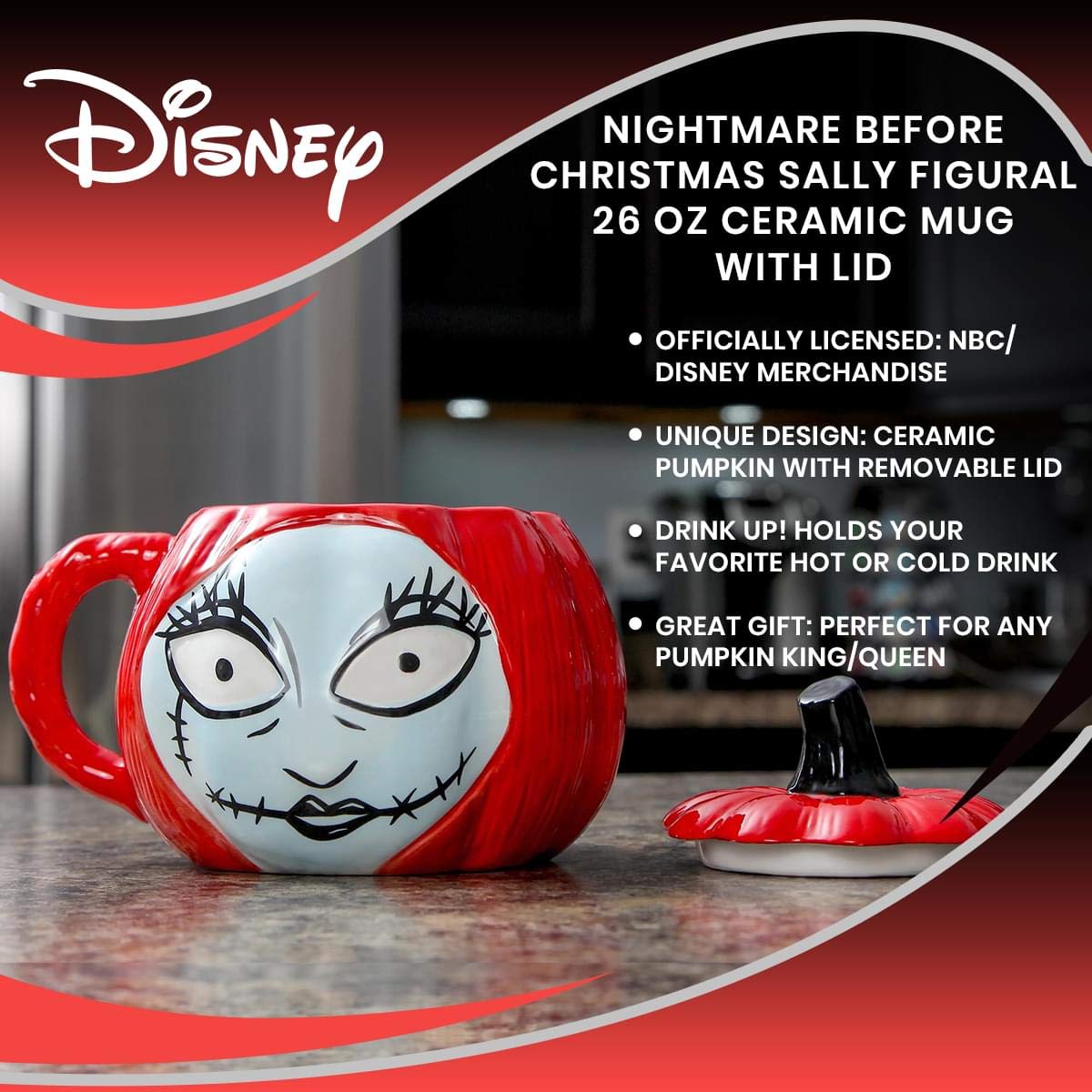 Nightmare Before Christmas Sally Pumpkin-Shaped Sculpted 26 Oz Ceramic Mug With Lid & Handle - Fun Novelty Gift Idea Inspired by Tim Burton’s Creepy Stop-Motion Animated Musical Fantasy Film