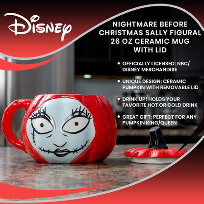 Nightmare Before Christmas Sally Pumpkin-Shaped Sculpted 26 Oz Ceramic Mug With Lid & Handle - Fun Novelty Gift Idea Inspired by Tim Burton’s Creepy Stop-Motion Animated Musical Fantasy Film