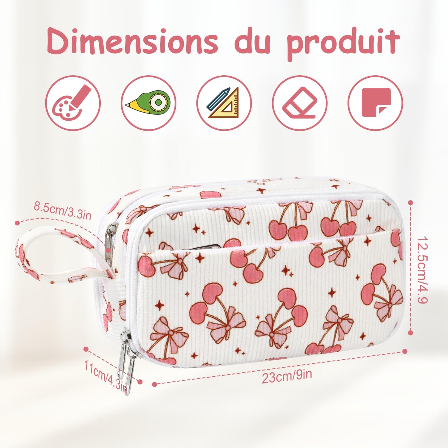 BuyCard Large Capacity Pencil Case, White With Pink Cherry Pattern, Corduroy Pencil Bag with Zipper Closure, Graduation Gift Office Stationery Storage Pen Pouch for Classroom Teacher