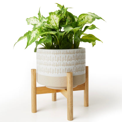 LA JOLIE MUSE Ceramic Plant Pot with Stand - 7.3 Inch Decorative Cylinder Flower Pot with Wood Planter Holder for Indoor, Yellow & White