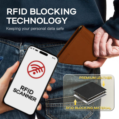 RUNBOX Slim Money Clip Wallets for Men RFID Blocking 8 Card Holder Minimalist Small Thin Carbon Leather Bifold Mens Front Pocket Wallet Gift Box(Desert Brown)