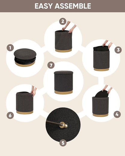 B FSOBEIIALEO Ottoman with Stroage, Round Boucle Storage Ottoman with Gold Plating Base,Foot Rest Stool for Dorm Room, Living Room Dark Grey, 14.76"x14.76"x16.34"