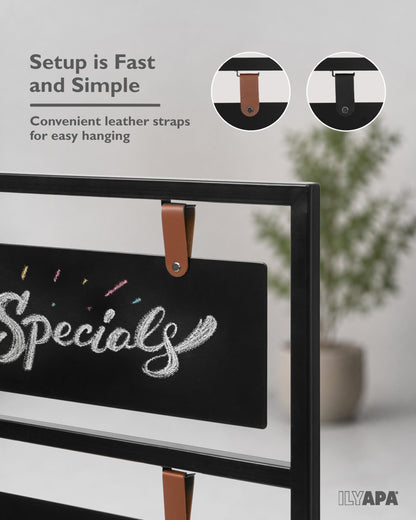 Ilyapa Metal Double Sided 24x42 Swinging Chalkboard Sign Bundle with Erasable 4-Pack White Liquid Chalk Markers - Magnetic A-Frame Sidewalk Menu Board for Restaurants & Businesses