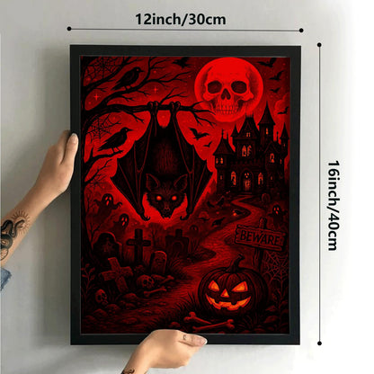Halloween Gothic Framed Wall Art, 16x12 Vertical Black Frame, Haunted Castle Skull Moon Bat Graveyard Ink Print for Spooky Home Decor