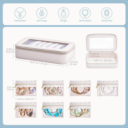 Lolalet 8 in 1 Travel Jewelry Case with Velvet Pouches, Clear Window Travel Jewelry Organizer Bags for Earrings, Bracelets, Necklaces and Rings, Compact Jewelry Storage for Women Girls -Beige, 7PCS