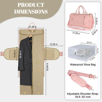 Geestock Convertible Garment Duffle Bags for Travel, Carry On Garment Bag with Shoe Pouch & Shoulder Strap - PU Leather Foldable Travel Duffle Bags 2 in 1 Hanging Dress Suitcase Suit Bag, Pink