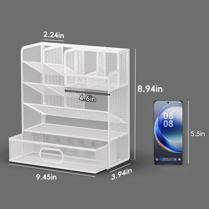 ReePlan Mesh Pen Organizer for Desk, Multi-Functional Pencil Holder with Drawer Desk Organizers, Large Capacity Storage for School Office Home Supplies (White)
