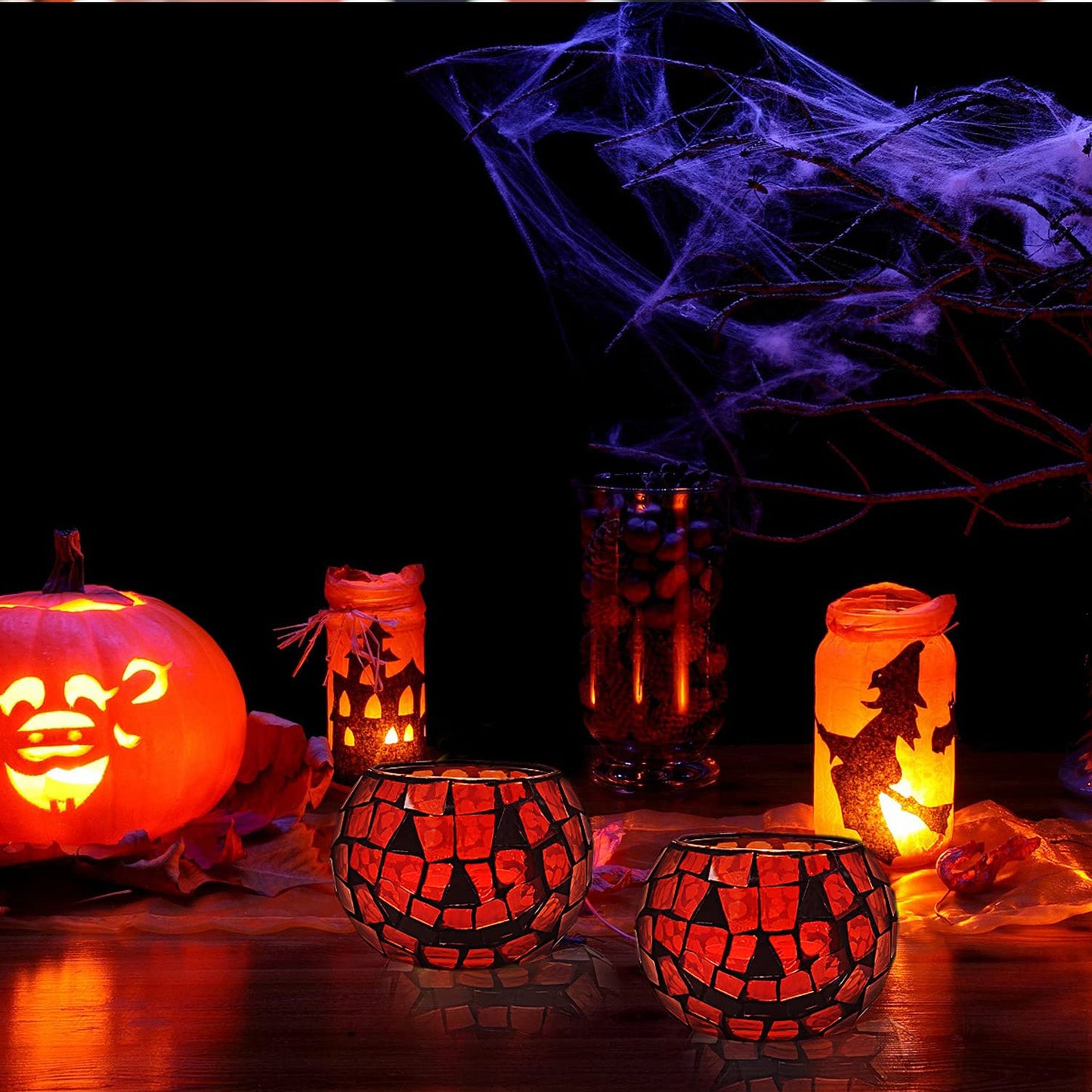 SHMILMH Halloween Candles Holder Set of 4, Grimace Tealight Holders, Handmade Mosaic Pumpkin Glass Votive Candle Holders for Halloween Table Centerpiece Home Decor