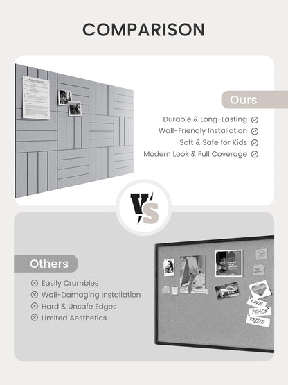 Bumusty Large Cork Board Alternative-48 x 36" Felt Bulletin Board Tiles, with 30 Pushpins, 70 Adhesive Tabs, Bold-Stripe 12-Pack, Cork Boards for Office Push Pin Board Felt Board-Soft Gray