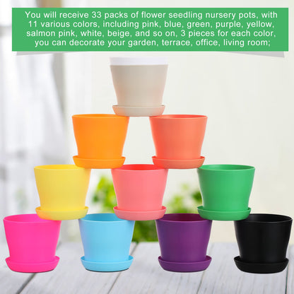 Potchen 33 Pack Plastic Plant Pots Bulk with Saucers Thickened Reusable Nursery Planters with Drainage Holes Colorful Small Flower Pots for Indoor Herbs Seedlings(4 Inch)