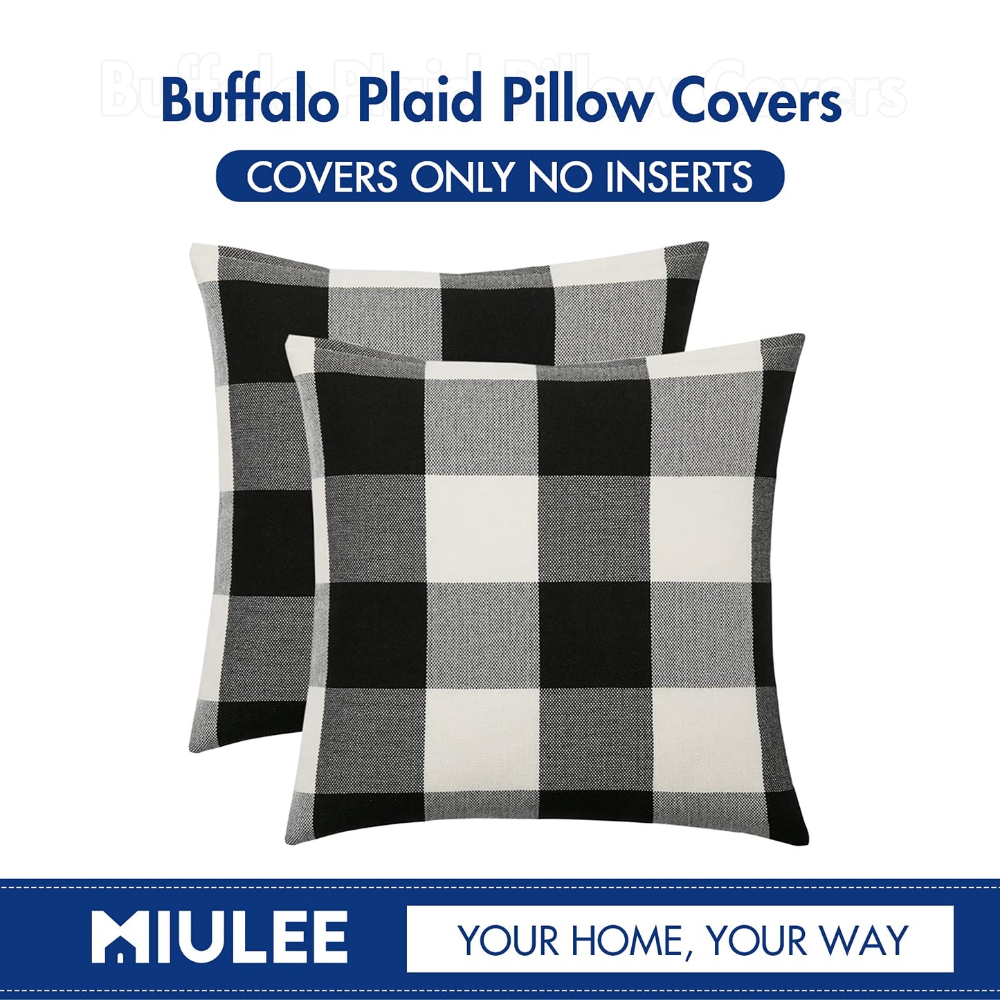 MIULEE Halloween Pack of 2 Farmhouse Buffalo Check Plaids Linen Throw Pillow Covers Soft Soild Decorative Home Decor Outdoor Cushion Case for Sofa Bedroom 18 x 18 Inch, Black and White