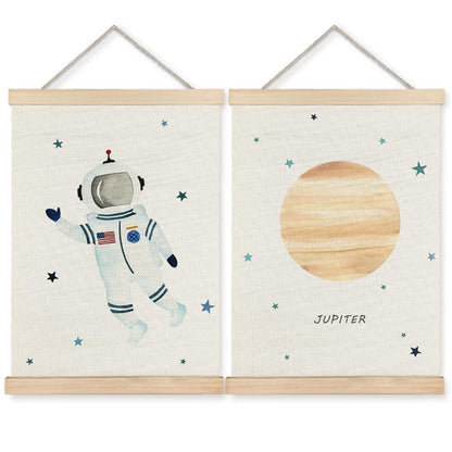 BearCake Spaceman Nursery Canvas Wall Decor Art Poster Hanger Frame, Space Prints Framed Wall Decor for Classroom Toddler Boys Room Nursery Playroom, 12x16 Inch Set of 2
