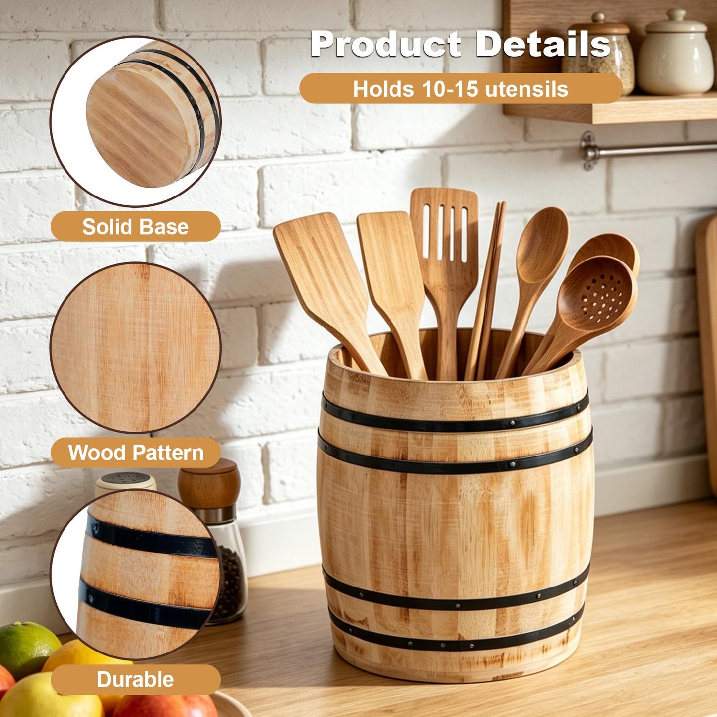 Catheralysia Light Brown Wooden Utensil Holder, Solid Wood Barrel Shaped Kitchen Utensil Crock, Farmhouse Style Kitchen Storage Bucket, Countertop Cooking Tool Organizer for Home Decor & Gift