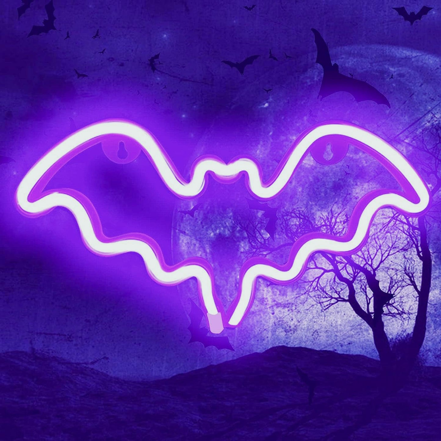 Bat Halloween Neon Signs for Bedroom Bedside Dorm Wall Decor,Neon Light up Halloween Decor LED Night Lights Table Ornaments for Christmas Party, Battery Powered Neon Bat Sign Kids Gifts(2Purple)